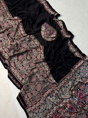 Black Ajrakh Light Weight Satin Silk Saree
